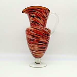 Hand Blown Glass Pitcher Color Infused Footed Red Orange Black White Handled